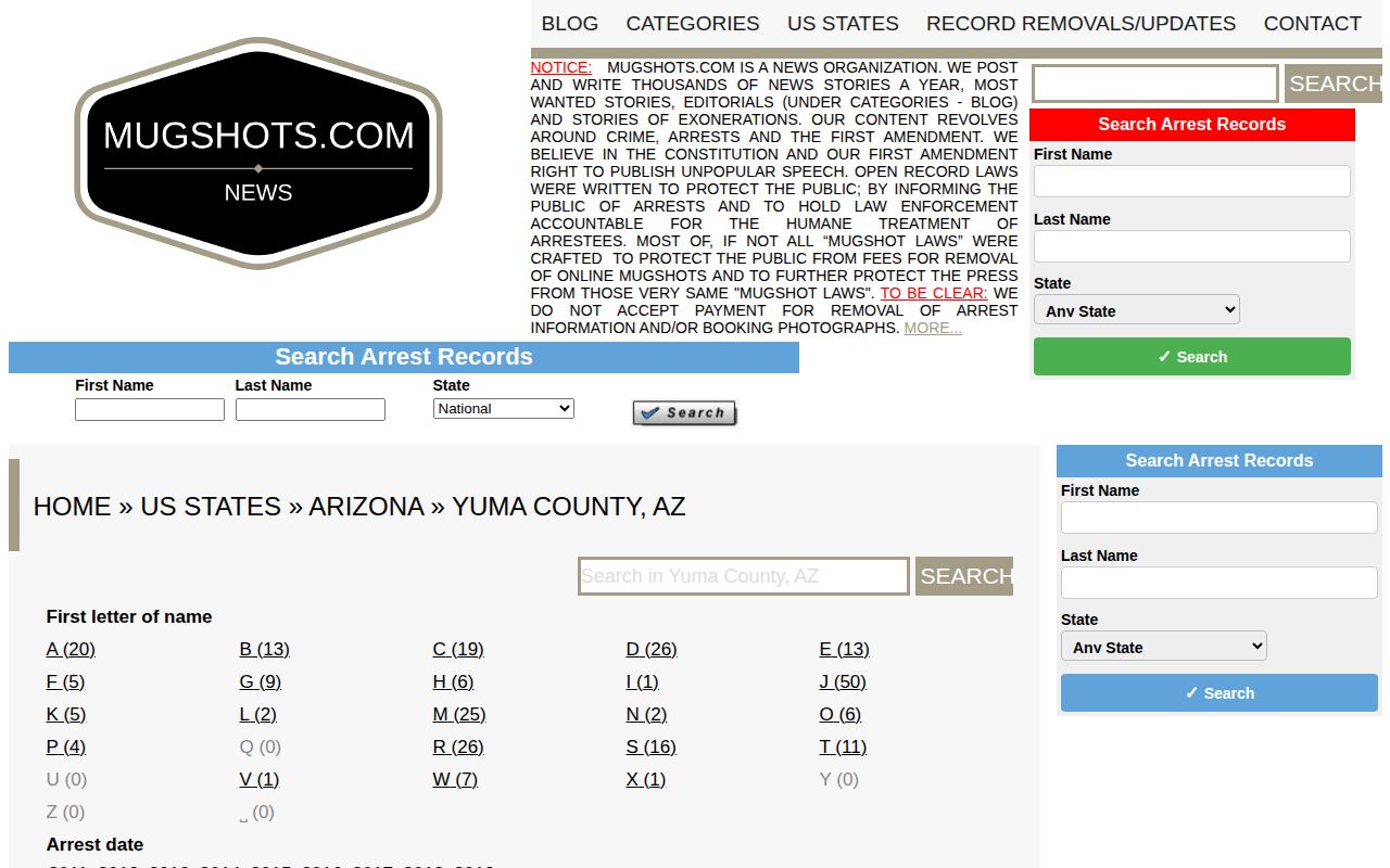 Unofficial Mugshots.com Yuma County arrest record archive interface