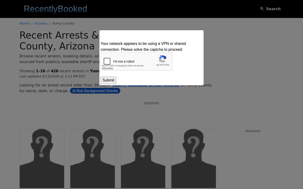 Unofficial Recently Booked Yuma County mugshot and arrest section