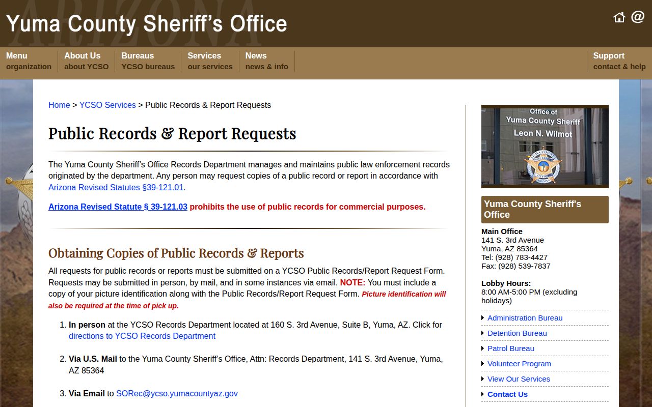 Yuma County booking photo request and arrest record fee policy
