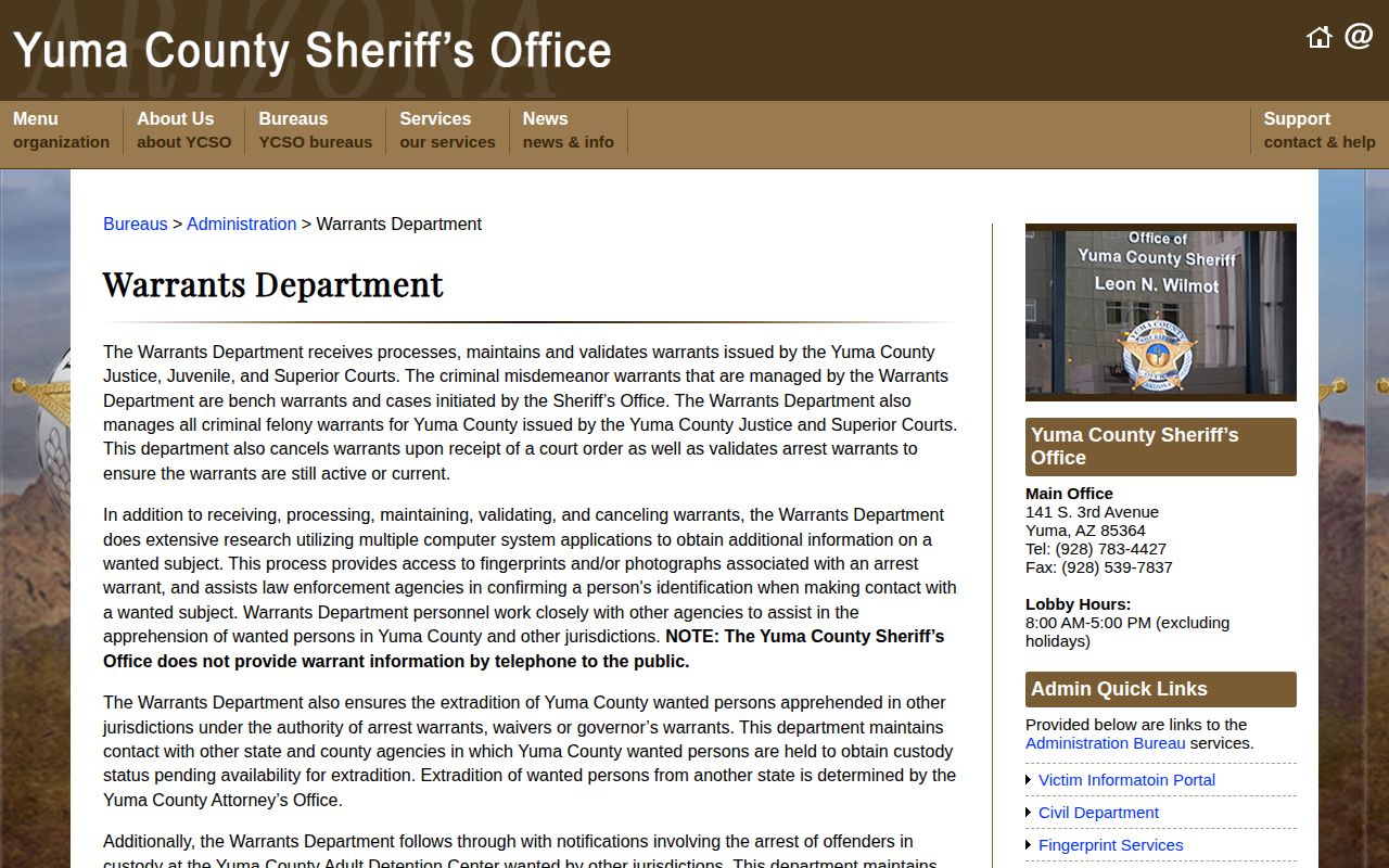 Yuma County most wanted and warrant policy page