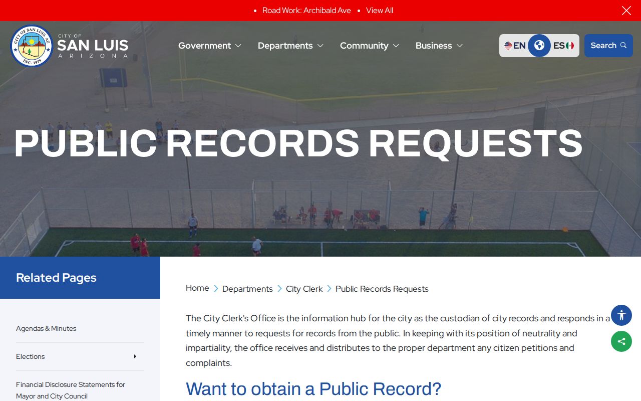 San Luis public records request route for Yuma County police arrest reports